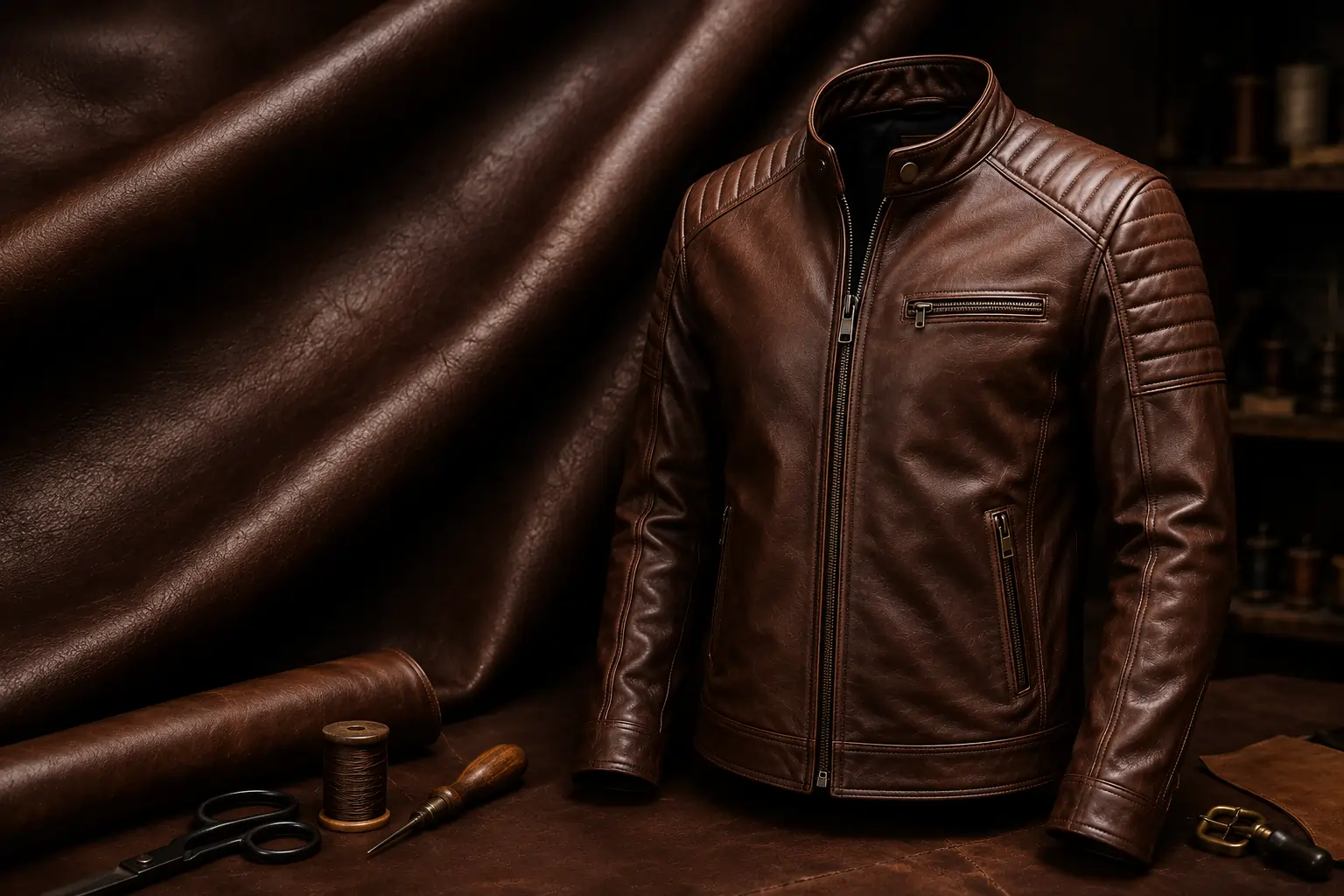 Model wearing a handcrafted black leather biker jacket